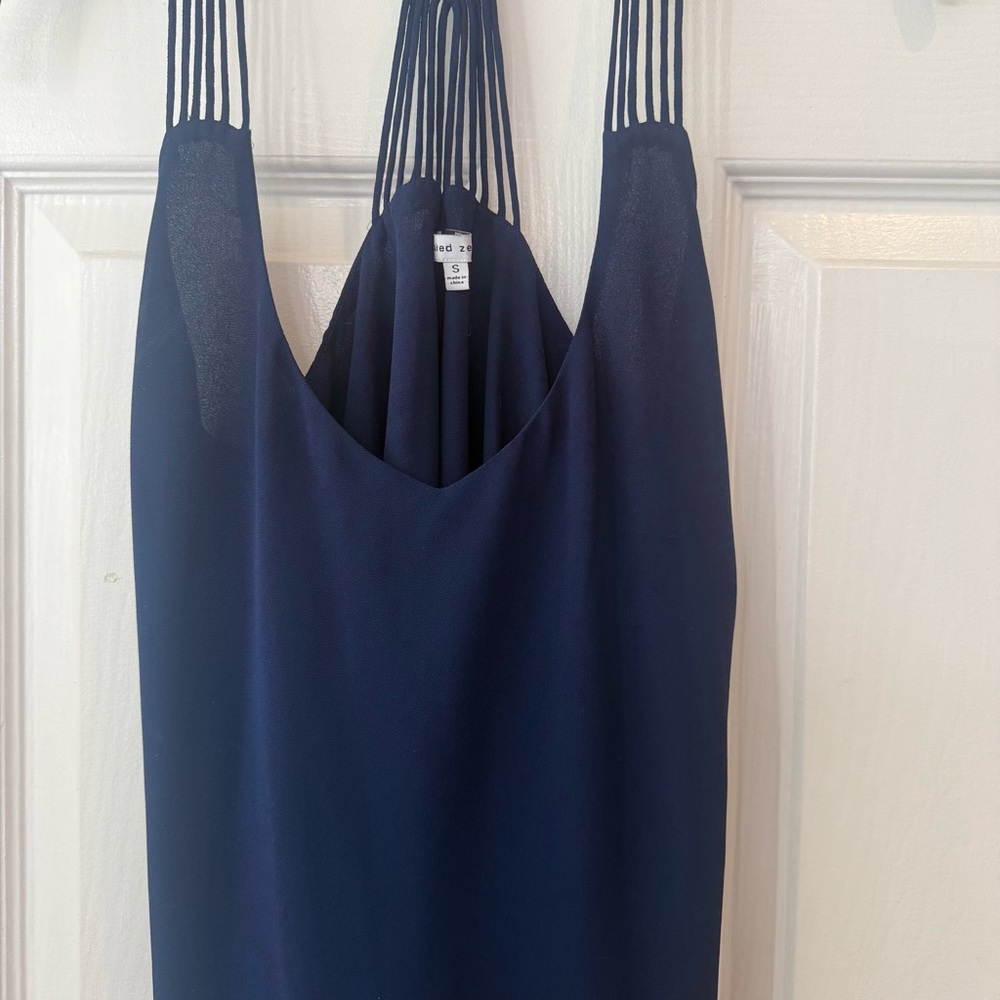 Elegant Navy Blue Women's Top, Naked Zebra Criss Cross Back Blouse, Work Blouse - Picture 3 of 6